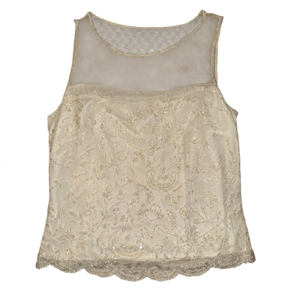 Papéll Boutique Evening vintage white beaded sheer collar blouse women’s size M